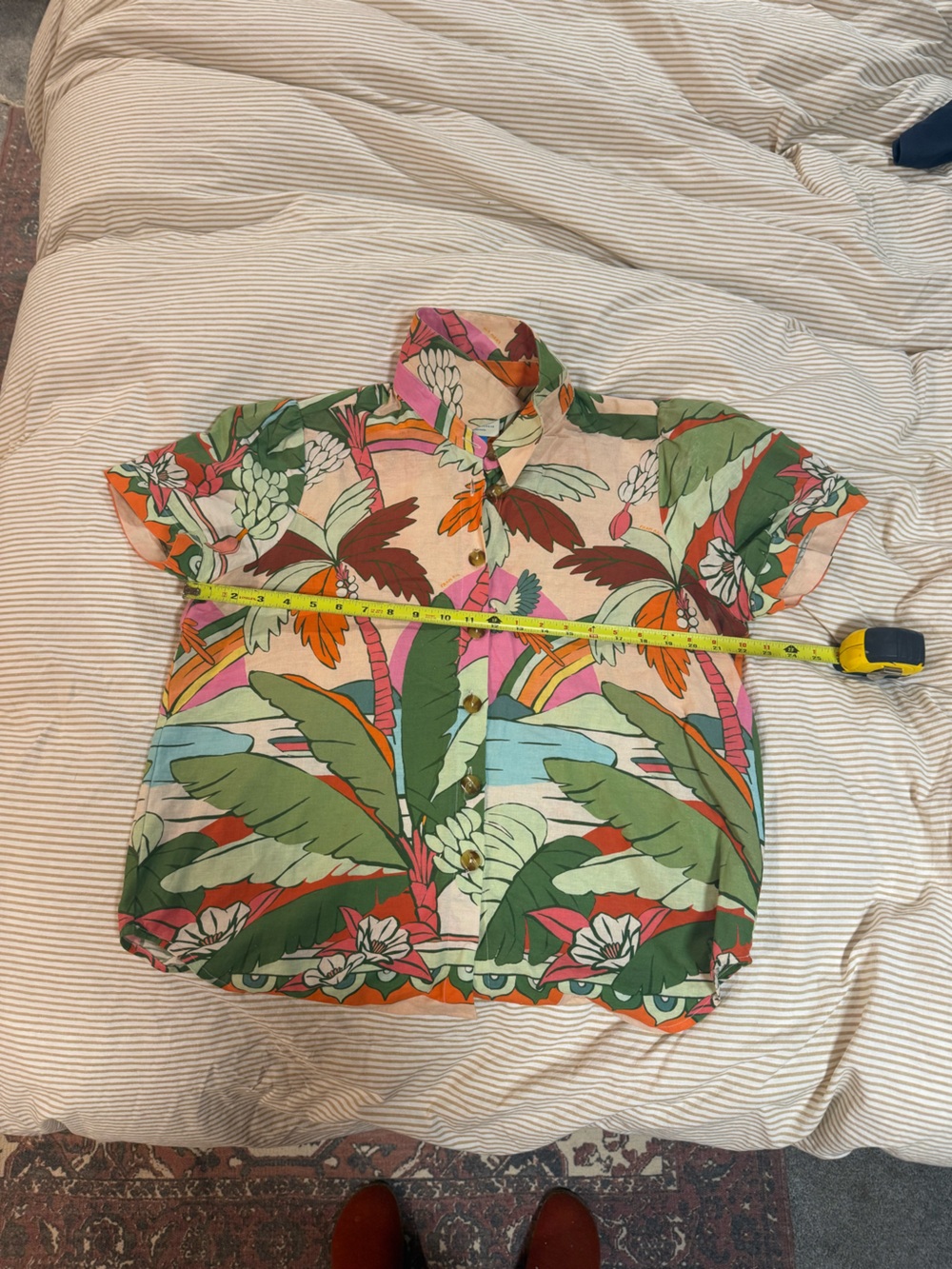 FARM Rio Tropical Palm Print Short-Sleeve Button-Up in Pink, Green, Orange - Picture 3 of 5